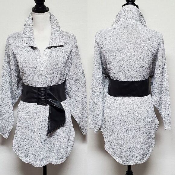 VINTAGE 1970s Erika Gray Black Speckle Knit High Low V-neck Wide Belt Dress M - Picture 1 of 14